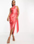 Фото #4 товара ASOS DESIGN Petite one shoulder tie stretch satin midi dress in pink