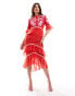 Hope & Ivy tiered midi dress with peplum in red with white embroidery