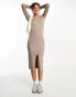 New Look v neck ribbed knitted midi dress with side split in mink Розовый, 38 - фото #1