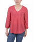 ფოტო #1 პროდუქტის Petite V-neck Blouse with 3/4 Jacquard Chiffon Sleeves