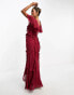 Фото #3 товара ASOS DESIGN flutter sleeve ruffle maxi dress with cut out detail in textured spot in dark red