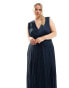 TFNC Plus Bridesmaid satin pleated maxi dress in navy