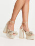 South Beach linen platform sandals with plisse bow in cream