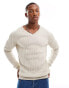 ASOS DESIGN essential muscle fit knitted rib v-neck jumper in oatmeal