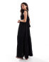 Фото #3 товара ASOS DESIGN double cloth shirred button through tie back maxi dress in black - BLACK