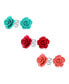 Set of 3 Delicate Floral Blooming 3D carved Red Blue Coral Rose Flower Stud Earrings For Women For For Mother Silver Plated