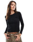 ONLY long sleeve lettuce hem top with pointelle in black