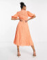 Фото #10 товара ASOS DESIGN Petite high neck pleated chevron dobby midi dress with puff sleeve in coral