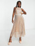 Style Cheat – Plissiertes, wadenlanges Kleid in Metallic-Rostbraun mit hohem Ausschnitt