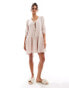 Esmee linen mix long sleeve tiered mini tie front beach dress oat