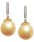 ფოტო #3 პროდუქტის Cultured Golden South Sea Pearl (10mm) & Diamond (1/10 ct. t.w.) Dangle Drop Earrings in 14k Gold