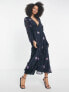 ASOS DESIGN shirred waist button through midi tea dress with all over embroidery in charcoal and purple