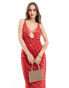 ASOS DESIGN deep cowl neck mesh maxi dress with exposed bra detail in red and white stripe