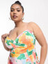 ASOS DESIGN Curve satin corset detail midi dress in orange watercolour floral print