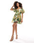 Фото #4 товара ASOS DESIGN square neck lace insert mini dress with puff sleeves in green floral print