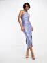 Фото #4 товара ASOS DESIGN Tall one shoulder tie stretch satin midi dress in slate blue