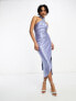 ASOS DESIGN Tall one shoulder tie stretch satin midi dress in slate blue