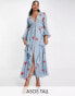 ASOS DESIGN Tall shirred waist button through midi tea dress with all over embroidery in dusty blue