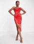 Фото #1 товара ASOS DESIGN one shoulder satin drape corset detail midi dress in red