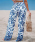 Women's Blue & White Floral Smocked Waist Straight Leg Pants