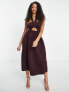 ASOS DESIGN Tall – Midi-Ballkleid in Aubergine mit verdrehtem Detail, Neckholder-Träger und Zierausschnitten