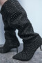 Rhinestone denim high-heel boots