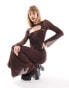 COLLUSION exposed seam layered mesh long sleeve maxi dress in brown