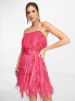 ASOS DESIGN mini bandeau dress in shredded chiffon with belt detail in pink