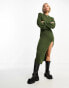 Something New X GORPECORE SQUAD shoulder detail knitted jumper dress in khaki