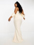 Фото #3 товара ASOS DESIGN Curve satin bandeau off shoulder bodycon maxi dress with exaggerated sleeves in cream