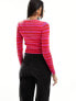 Фото #7 товара ONLY long sleeve knitted top with splice detail in pink and red stripe