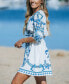 Фото #3 товара Women's Blue & White Paisley Boho Puff Sleeve Mini Cover Up Dress