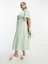 ASOS DESIGN Curve broderie v neck midi dress with buttons in sage and cream contrast