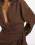 Фото #2 товара ASOS DESIGN textured long sleeve v neck wrap mini dress in chocolate