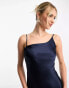 Little Mistress satin one shoulder midi dress in navy