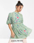 Фото #1 товара ASOS DESIGN Petite high neck dobby embroidered mini dress with lace trims in sage green