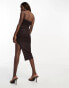 NaaNaa bandeau ruched midi dress with side slit in chocolate brown