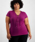 Фото #1 товара Plus Size Lace-Up-Neck Short-Sleeve Top, Created for Macy's