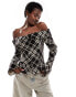 Фото #1 товара Monki cord off shoulder shirt with button front in brown check