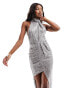 Фото #6 товара ASOS DESIGN high neck sequin midi dress with trim detail in silver