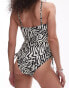 Topshop cut out swimsuit in mono animal print Черный, 34 - фото #3