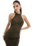 ASOS DESIGN high neck ruched mesh midi dress with sheer panels and tie back in khaki