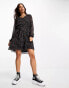 Фото #1 товара JDY v neck puff sleeve belted mini dress in black ditsy floral