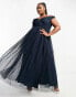 Anaya Plus bardot maxi tulle dress with split in navy