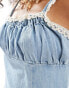 Фото #3 товара ASOS DESIGN denim mini cami dress with ruched bust and crochet strap detail in mid wash blue