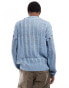 COLLUSION cable and distressed knitted lightweight jumper in blue