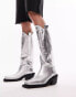 Topshop Rose premium leather western knee high boots in silver