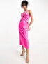 Y.A.S satin knot front cut out satin midi dress in bright pink