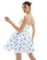 Фото #4 товара Rare London tie detail milkmaid skater mini dress in white and blue floral