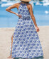 Women's Blue & White Ornate Halterneck Maxi Beach Dress